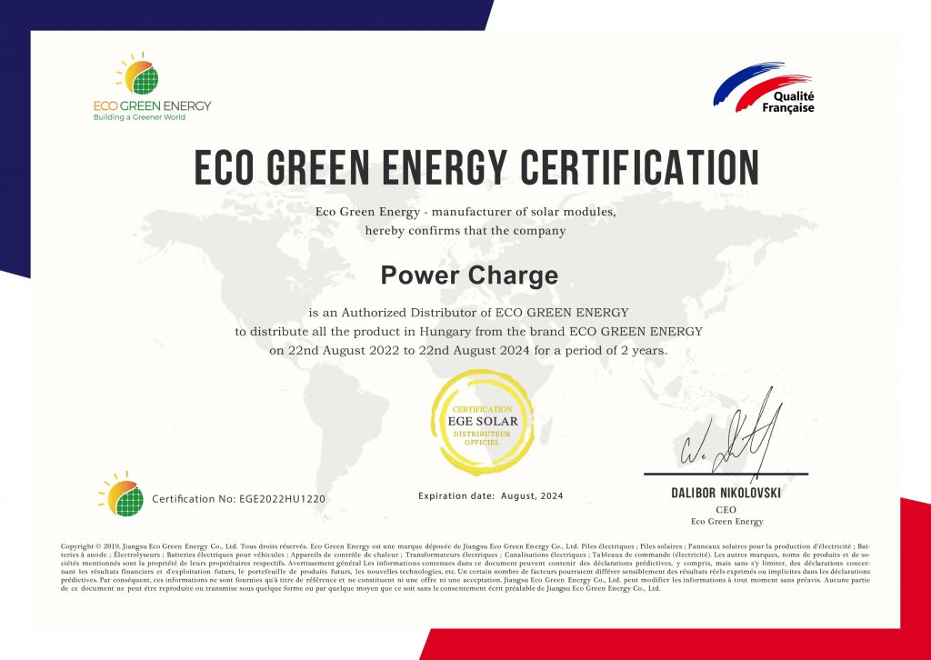 ECO GREEN certificate,
energiatárolás működése, 
elektromos autótöltő, zöldautózás, zöldenergia, megújuló energia, energiamegtakarítás, pályázat, napelemes rendszer